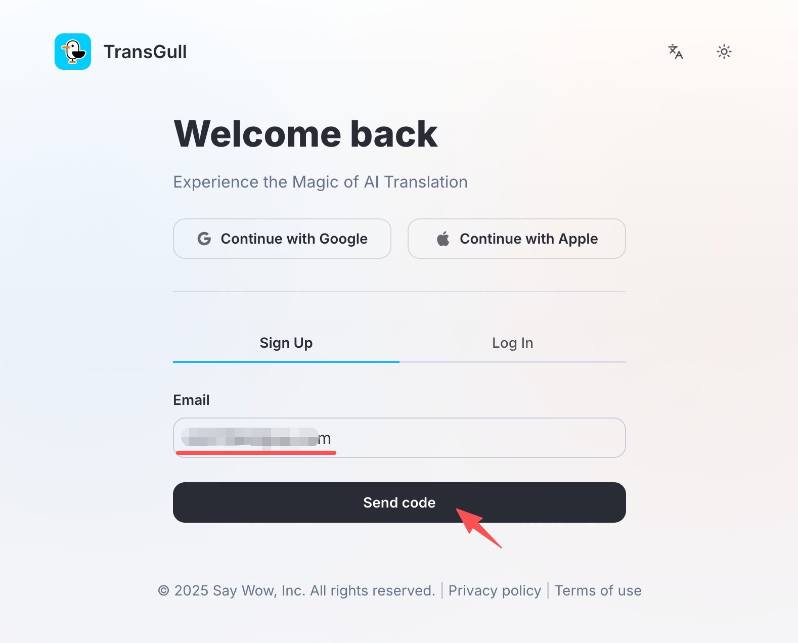 Sign up screen — enter email and click Send Code
